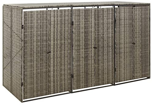 Festnight Copribidone Triplo, Mobile Spazzatura, Copri Bidoni Pattumiera, Bidoni Spazzatura ​pattumiera da Giardino, Grigio 207x80x117 cm in Polyrattan