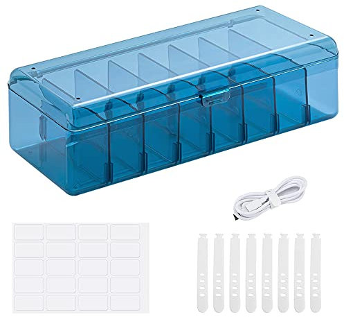 Data Cable Storage Box with 8 Cable Ties, Cable Management Box Hub Sorting Box with Lid, Desktop Cable Tidy Box with 10 Compartments for Cable Organiser(Blue)