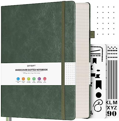 OFFIGIFT Bullet Dotted Journal, großes A4-Hardcover-Leder-Tagebuch, 312 nummerierte Seiten, dickes Tagebuch, 100 g/m², kein Ausbluten, Punktraster, Notizbuch für Damen und Herren, 21,6 x 27,9 cm, Grün