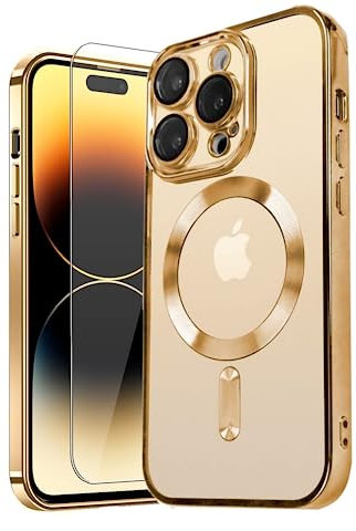 MH TECH Electroplated Case for iPhone 13 PRO, Camera Lens Full Protection, Compatible with MagSafe Wireless Charging, Shockproof Soft TPU Phone Cover (Gold)