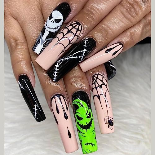 Vatocu Halloween Coffin False Nails Long Black Pink Fake Nails Skull Cobweb Press on Nails Ghost Acrylic Stick on Nails for Women and Girls (24pcs）