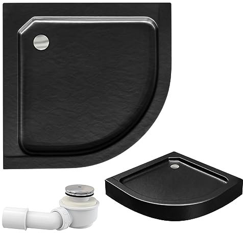 KOLMAN Duschwanne 80x80 cm Viertelkreis, Schwarz, Acryl, Flach, Steinoptik, Ablaufgarnitur Ø 50 mm, Design-Duschtasse Halbrund ALEX