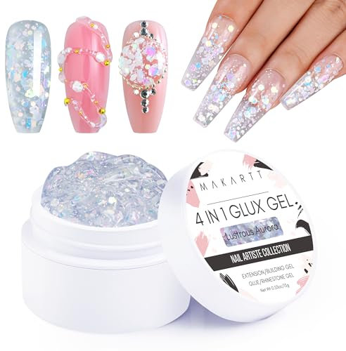 Makartt Solid Builder Nail Gel for Nails 4 in 1 Nail Extension Gel 3D Gel Sculpting Strong Nail Glue for Acrylic Nails Nail Rhinestone Glue Gel Hard Gel Nail Lamp Required (Lustrous Aurora)