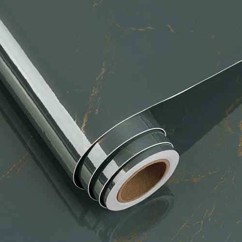 FunStick Green and Gold Marble Wallpaper Dark Ink Grey Green Marble Peel and Stick Wallpaper Vinyl Wrap for Bathroom Kitchen Worktop Covering Grey Sticky Back Plastic Roll 30CM×5M