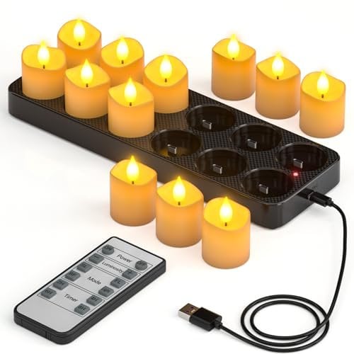 Yme Rechargeable Tea Lights Candles with Charing Station, 12 Pack Battery Operated LED Flameless Votive Candles with Remote Timer for Halloween Christmas Party Home Room Decor