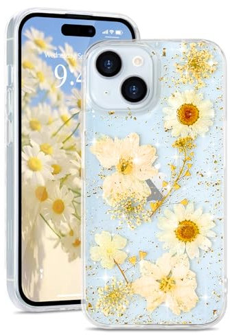 L-FADNUT for iPhone 15 Case, Cute Real Dried Flowers with Sparkle Glitter Design, Clear Shockproof Handmade Pressed Floral Phone Case Silicone Bumper Protective Cover for Women Girls White