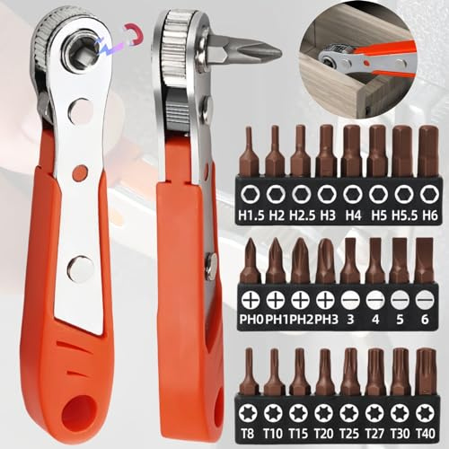Weploda Magnetisches Ratschenschlüssel-Set, Ratschenschlüssel 110mm, Umschaltknarre 1/4 Vierkantantrieb, Verschiedene Schraubendreher Bits, Mini Ratschen Wendeschrauber, Für Gadgets, Autos, Häuser