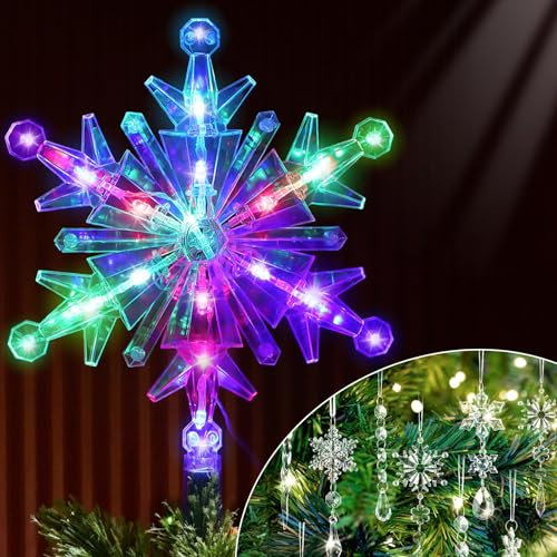 Tree Decorations Set - Snowflake Star Topper Light and Glass Crystal Icicle Hanging Ornaments for Christmas Tree, Xmas Light Up Star Topper