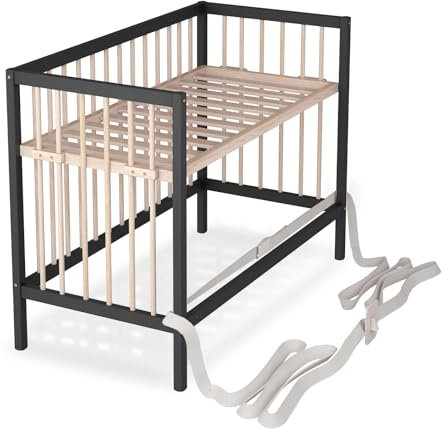 Sämann Baby Beistellbett 60x120 cm - nutzbar von 0 bis 4 Jahre - rollbar & umbaubar zum Babybett - Gurtsystem & höhenverstellbar für alle Betten - schwarz/Natur