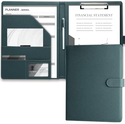 Mymazn Klemmbrett A4 mit Deckel, Mappe A4 Schreibmappe Klemmbrettmappe, PU-Leder Konferenzmappe A4 mit Dokumentenfächern, Stiftehalter und Magnetverschluss (Graugrün)