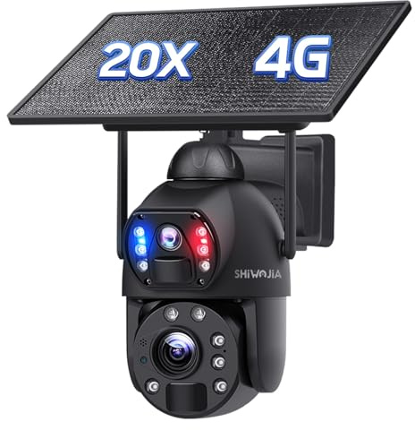 SHIWOJIA Cámara de Vigilancia con SIM 4G de Exterior 20X Zoom 360° PTZ, Cámara de Exterior 4G con Doble Lente, 20000 mAh batería, visión Nocturna a Color, PIR detección Inteligente