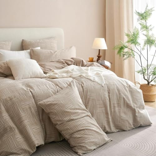 Lanqinglv Doppelte Musselin Bettwäsche 200x220 cm Baumwolle 100%,ÖKO-TEX Bettwäsche Taupe Weiß Geometrisch Muster Vintage Bettbezug mit Reißverschluss und 2 Kissenbezug 80x80 cm