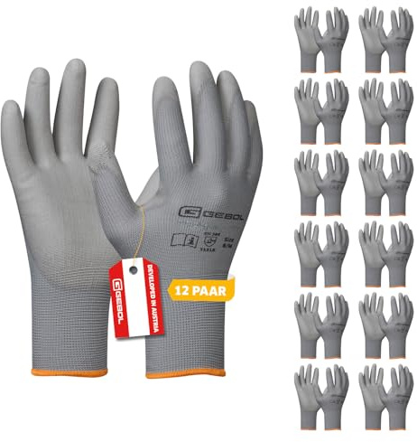 Gebol Nano Flex Arbeitshandschuhe, 12 Paar, Gr. 10/XL, Grau, PU-Grip, EN388 | Für Werkstatt, Bau & Industrie, sicherer Halt bei jedem Griff, feines Tastgefühl, angenehme Passform, elastischer Bund