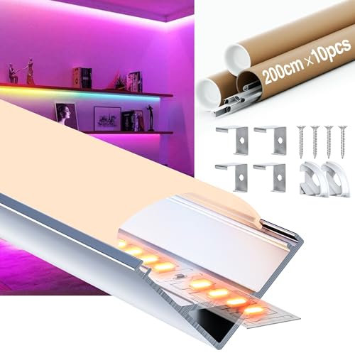 Profile Alu pour Ruban Led 2 M - Profilé Aluminium LED - Canal Aluminium V-Forme pour Ruban LED, Profilé Alu avec Couvercle Blanc Laiteux, Embouts et Clips de Montage (SL09, 10*2M(Totale 20M))
