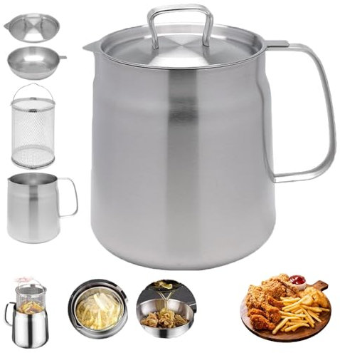 Frying Pot with Basket,oil Filter Pot,Oil Strainer Pot,oil Container,Stainless Steel Oil Filter Pot with Frying Basket, kitchen Household Oil Filter Kettle Bacon Grease Container with Strainer