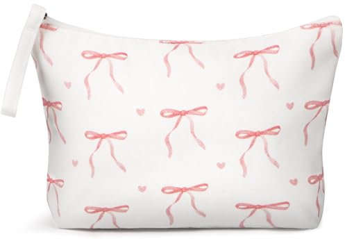 BETESSIN Kosmetiktasche Klein für Handtasche - Schminktäschchen mit Schleifen Motiv - Kulturtasche Damen Weiß - Make up Tasche mit Reißverschluss - Kleine Geschenke für Frauen & Mädchen