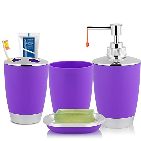 Set di accessori per il bagno 4 pezzi, include dispenser di sapone e set portaspazzolino, portasapone e tazza per collutorio, accessori per il bagno Accessori per il bagno (viola)