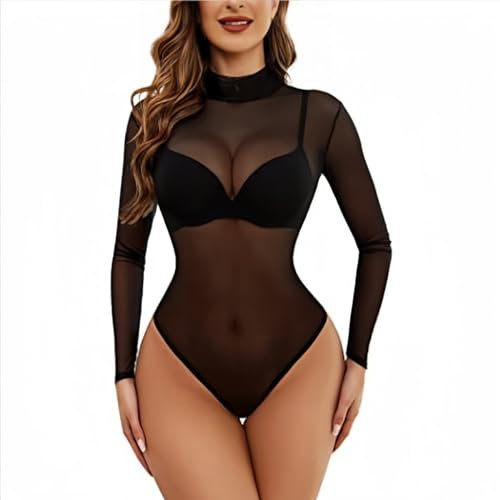 SamHeng Women Bodysuit Long Sleeve Sheer Mesh Body Suit Turtle Neck Black See Through Slim Fit Sexy Jumpsuit Leotard Top Clubwear, XL