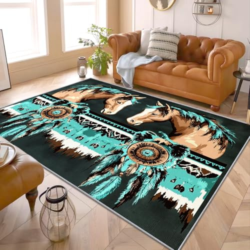 PaxGloz Teppich Western Style - Teppiche Wohnzimmer Schlafzimmer Western Pferde, Kleiner Teppich Southwest Design, Weich Kurzflor & Waschbar & rutschfest Fussmatte Innen, Kinderteppich 50x80 cm