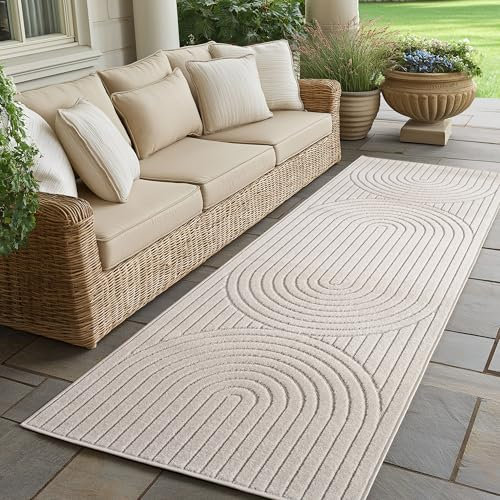SIMPEX Outdoor Teppich Wetterfest, Wohnzimmer, Schlafzimmer, Wintergarten, Kurzflor Creme, Hoch-Tief-Effekt, weich & waschbar, Outdoor geeignet, pflegeleicht, 80x150 cm
