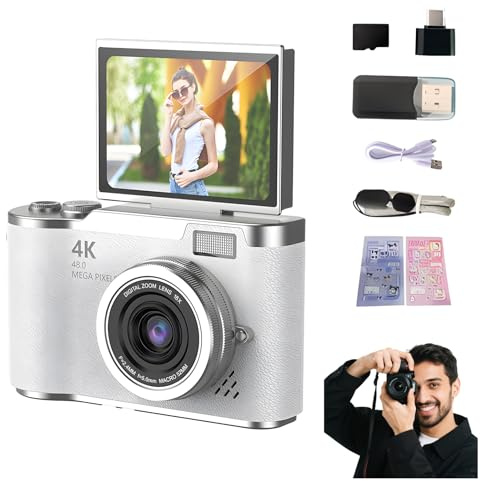 4K Foldable Screen Student Camera, Point and Shoot Digital Cameras with 32GB TF Card, Portable Camera FHD 48MP 4K Digital Camera with 8X Zoom Anti-Shake with Flip Screen (White, Camera Kit)