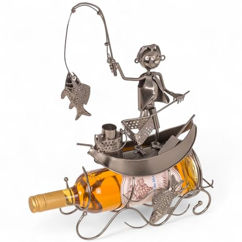 MIJOMA Flaschenhalter Metall Fischer Angler – Weinständer aus Eisen – Weinhalter Boot mit Fisch Figur – Weinflaschenhalter für Männer & Angler – 25x12x27 cm
