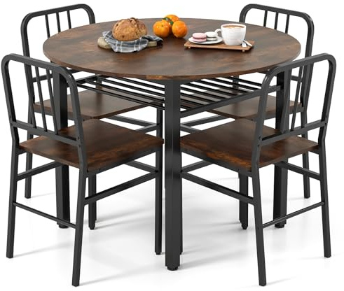 TANGZON Dining Table and Chairs Set 4, 5 Pieces Round Kitchen Table and 4 Chairs with Backrest & Storage Shelf, Space-saving Dining Room Set Furniture for Home Living Room Restaurant (Rustic Brown)