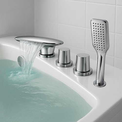 Mitigeur Salle de Bain Baignoire Chrome avec Douchette 4 Trous Mitigeur Cascade Baignoire Double Mode,Chromé
