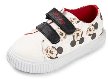 Disney Mickey Mouse Boys White Trainers | All Over Character Print | Hook and Loop Closure | Everyday Wear Footwear for Young Boys | Kids Cartoon Shoes Merchandise