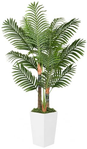 Künstliche Palme für den Innenbereich, 1,5 m, dreifach künstliche tropische Areca-Bodenpflanze im Topf, künstliche Pflanzen mit lebensechten Blättern für Zuhause, Büro, Dekoration (weiß)