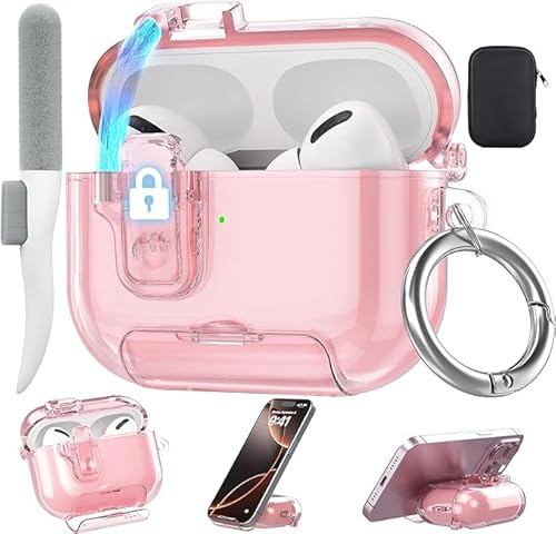 Valkit Hülle für AirPods Pro 3 mit Magnetverschluss, Rosa | für AirPods Pro 3 Hülle Transparent mit Schlüsselanhänger & Reinigungsset, Anti-Vergilbung,Handyhalterung,Sturzschutz,Damen