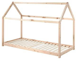 FURNLUX CABANE Kinderbett, 90x200cm, Hausbett Design, Beige, Bodennahes Bett, Kiefernholz, 98x206x142cm, Mit Lattenrost