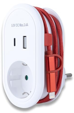 REV USB Ladegerät Combi - 4in1 Steckdosenadapter, USB-A & -C Anschluss | Inklusive 60cm Ladekabel mit USB-C & 8-PIN Anschluss | Steckdose 230V