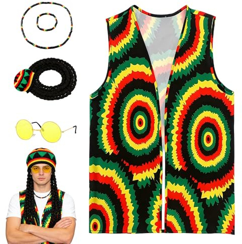 PLLYPE 5 Stück Rasta Kostüm Set, Jamaika Reggae hippie kostüm Zubehör, Rasta Kostüm Zubehör mit Vest Jamaican Hat Rasta Brille Jamaikanisches Armband und Halskette für Männer Frauen Karneval Cosplay
