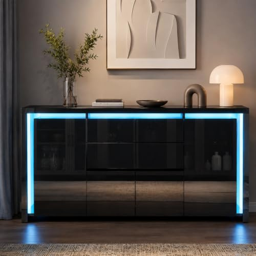 HOOGDLJ Sideboard Schwarz,Sideboard Hochglanz mit 4 Türen 2 Schubladen & Led Beleuchtung, TV Schrank küchenschrank Kommodenschrank TV Lowboard Für Esszimmer,Wohnzimmer (Schwarz)