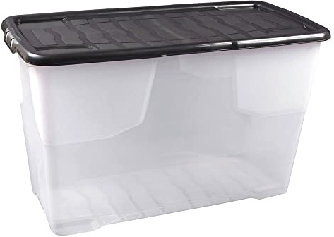 MaryMo Strata 3 x 100 Litres Curve Plastic Stackable Storage Box & Lid with clip-on lids, 3 Pack, Multi storage box for home and office storage solution Clear Box, Lid, (51cm H x 40cm W x 80cm D)