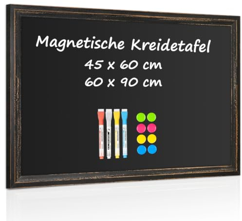 QUEENLINK Magnetische Kreidetafel mit schwarz Holzrahmen Wandtafel 60×90cm | Magnettafel Schwarz Kreide Tafel mit schwarz Holzrahmen Kreidetafel zum Aufhängen
