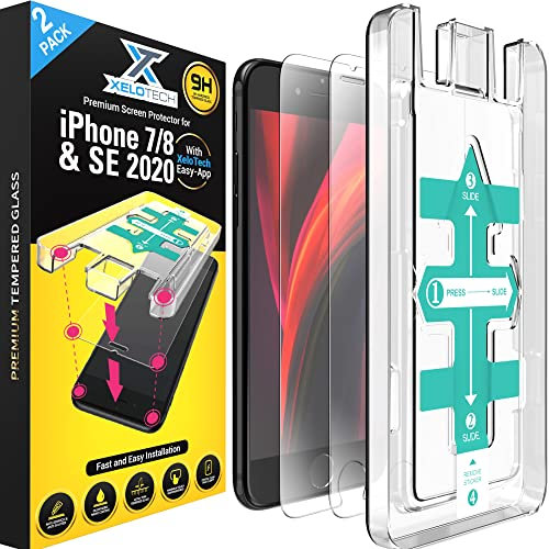 XeloTech Schutzglas für iPhone SE (2022/2020), iPhone 8/7 mit Schablone für hohe Passgenauigkeit - Unterstützt 3D Touch - 2 Stück
