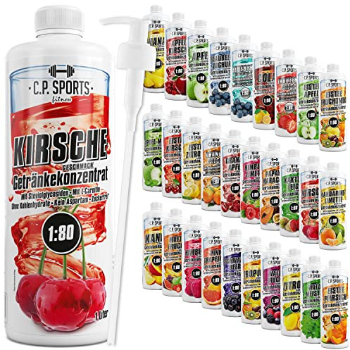 C.P. Sports Sirop pour boissons minérales I Sirop sans sucre pour boissons vitales Cerise avec concentré pour boissons à mélanger avec de l'eau I 1 litres + 1 distributeurs à pompe