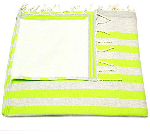 ANNA ANIQ Fouta Hamamtuch mit Frottee (eine Seite) - XXL Extra Groß 100x180 cm Strandtuch Saunatuch - 100% Baumwolle, Bade-Tuch, Picknick-Decke, Yoga, Pestemal, Strand-Handtuch (Neongrün)