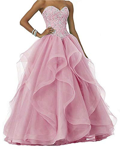 Vantexi Abito da donna con perle glitterate lungo da ballo, abito da sposa con volant in organza, abiti da ballo, Colore: rosa., 42