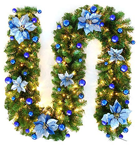 Weihnachtsgirlande Mit Beleuchtung Außen Batterie, Weihnachten Mit Led Weihnachtskranz Künstlich Tannengirlande Weihnachtsdeko Fenster Haustür Garten Balkon 2.7M (blau)