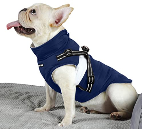 BabyDog Hundemantel mit Fleece-Futter, Geschirr mit Ring, verstellbarer Reißverschluss, ärmellos, Größe M, 199 Blau
