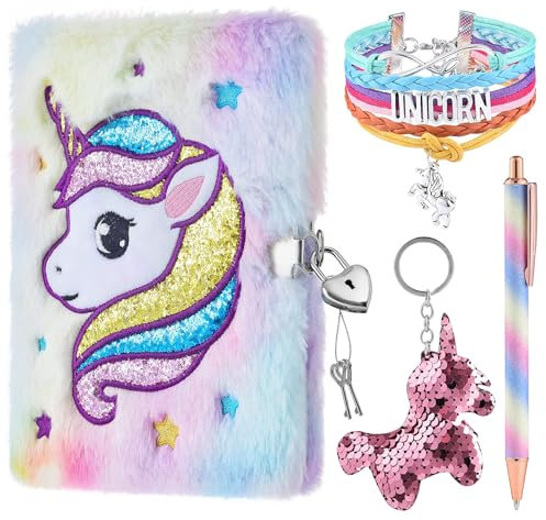 Plüsch Einhorn Notizbuch Set - Notizblöcke für Mädchen Private Tagebücher Stickerei Schule Reise Notizblock Gel Stift Schlüsselringe Armbänder Schlösser Schlüssel Weihnachts Geburtstag Geschenk