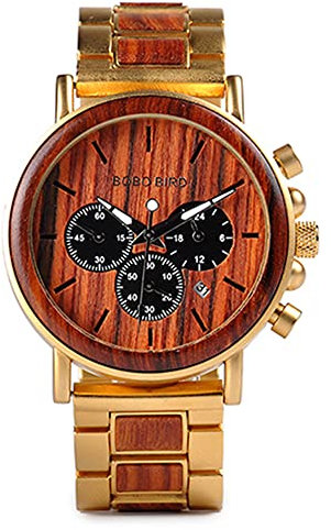 YCYR Herren Herrenuhren, Handgefertigte Vintage Ebony und Edelstahl Kombinieren Chronograph Business Casual Uhr mit Holzbox,Gold