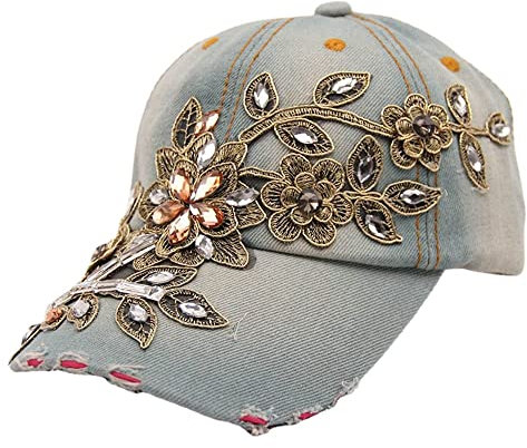 GIVBRO Baseballkappe für Damen, Denim-Hut, Stickerei, Blume, Strass, Sonnenblende, Hut, verstellbar, Sport, Freizeitkappe