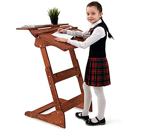 Stehpult Stehtisch für Kinder Typ Lhh - Holz - höhenverstellbar - Gestell und Tischplatte geölt in Nussbaum hell - Adjust Standing Desk