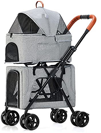 Doppelter Decker Haustierwagen, Multifunktions-3IN1 Katzen Buggy, Faltbare Hundebuggy for Kleine Hunde, Einklick Falten, Vorne, Haustierwagen for 2 Hunde (Color : Gray, Size : B)