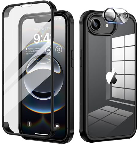 seacosmo for iPhone 16e Case 6.1 Inch, Full-Body Shockproof Case with Built-in Glass Screen Protector and Camera Lens Protector Rubber Bumper Phone Case Cover for iPhone 16E 2025- Black/Clear