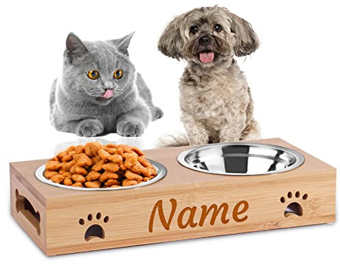 OXYEFEI Personalized Dog Bowl with Name Custom Engraved Bamboo Stand Feeder, Raised Bamboo Dog Feeding Station with 2 Bowls, Comes with a Nonslip Silicone Pad, Easy to Clean